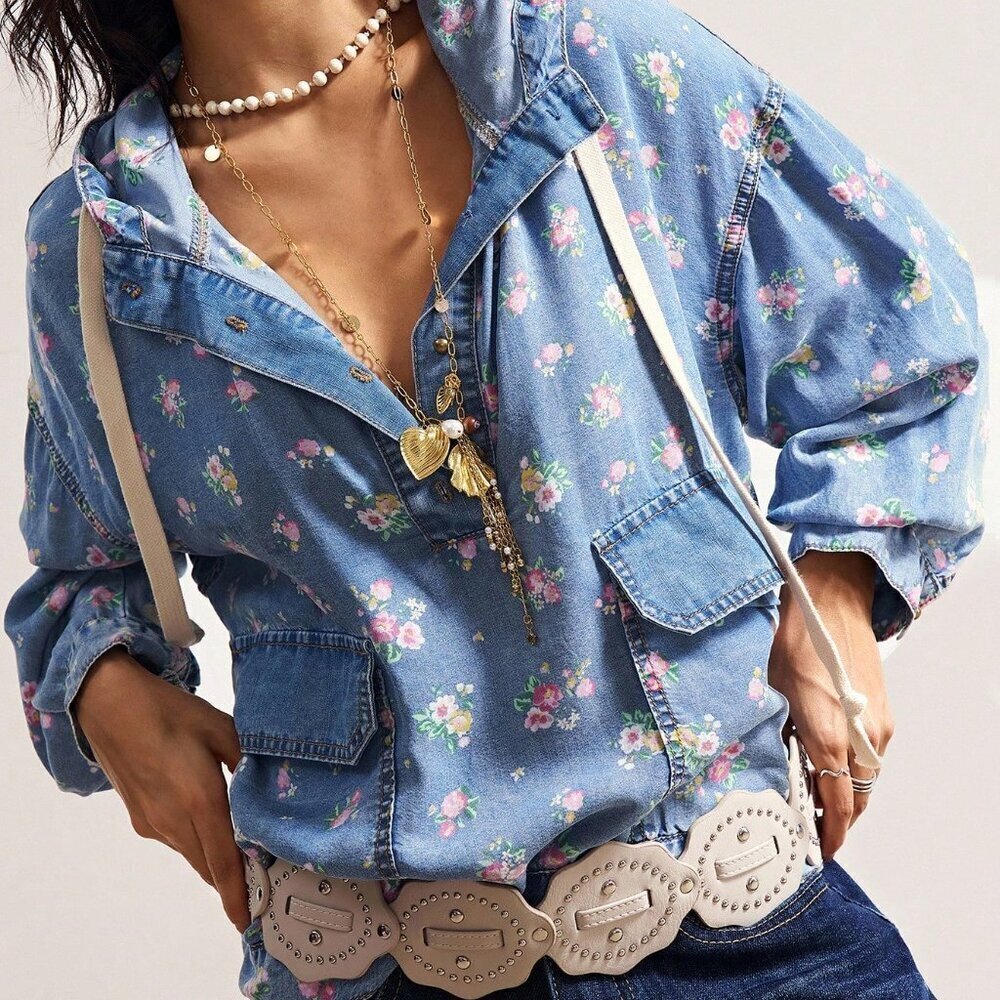 Blue Boho Women's Floral Shirt - Picture 5 of 8